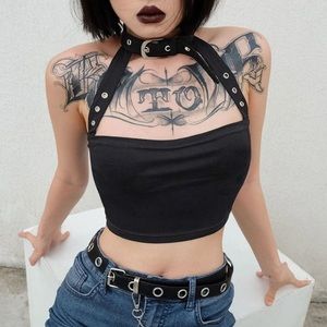 Punk Gothic Sexy Halter Choker Black Crop Top